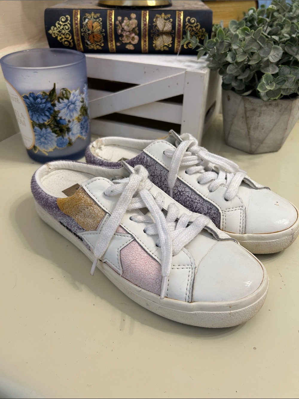 Vintage Havana White Sneakers with Purple, Pink & Gold Accents